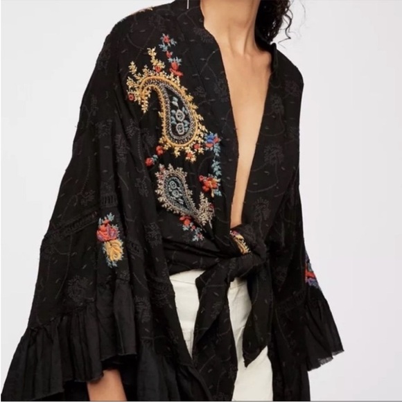 FREE PEOPLE | Black Dottie West Boho Bell Sleeve Kimono Cardi - Picture 9 of 9